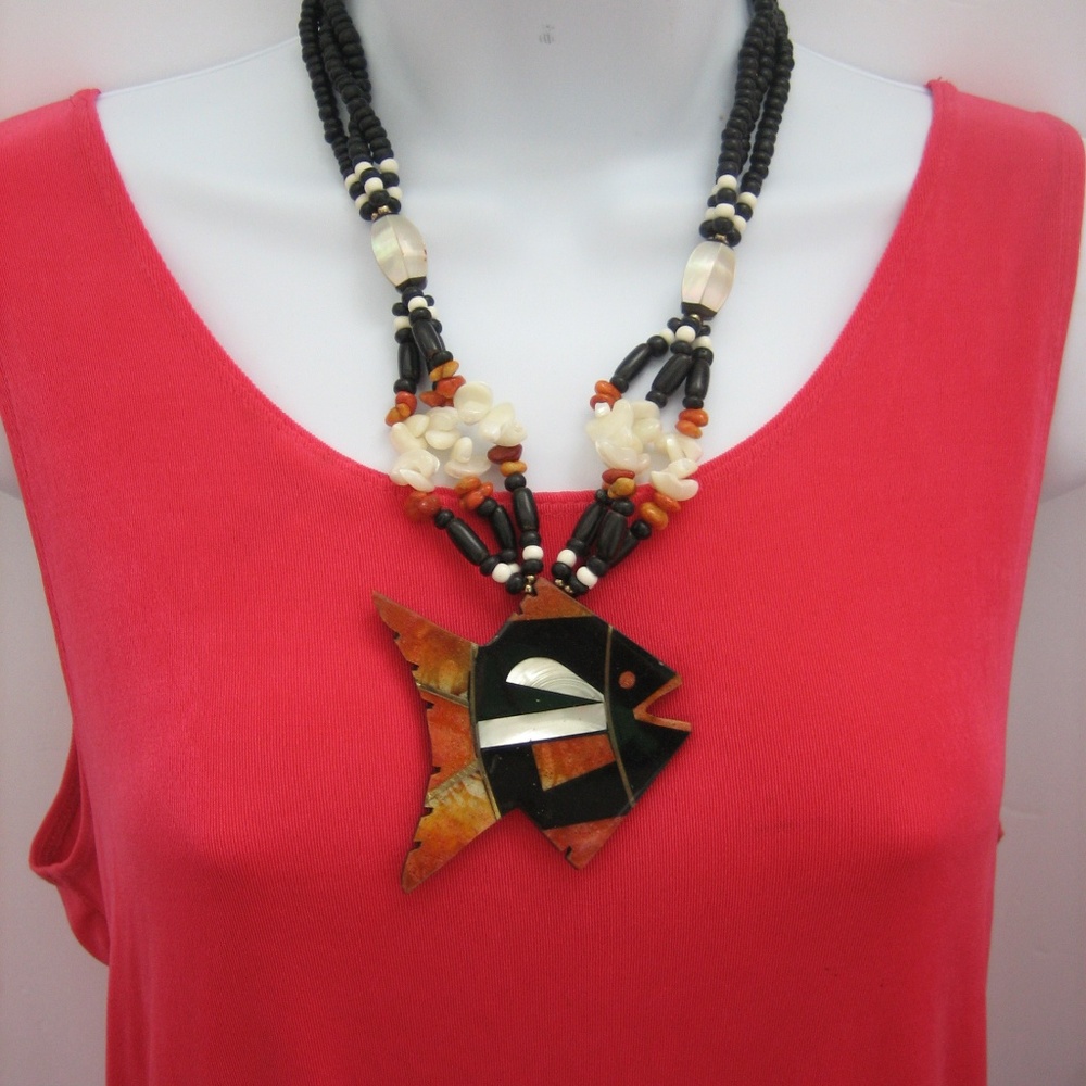 Women's Enameled Fish Pendant Beaded Necklace